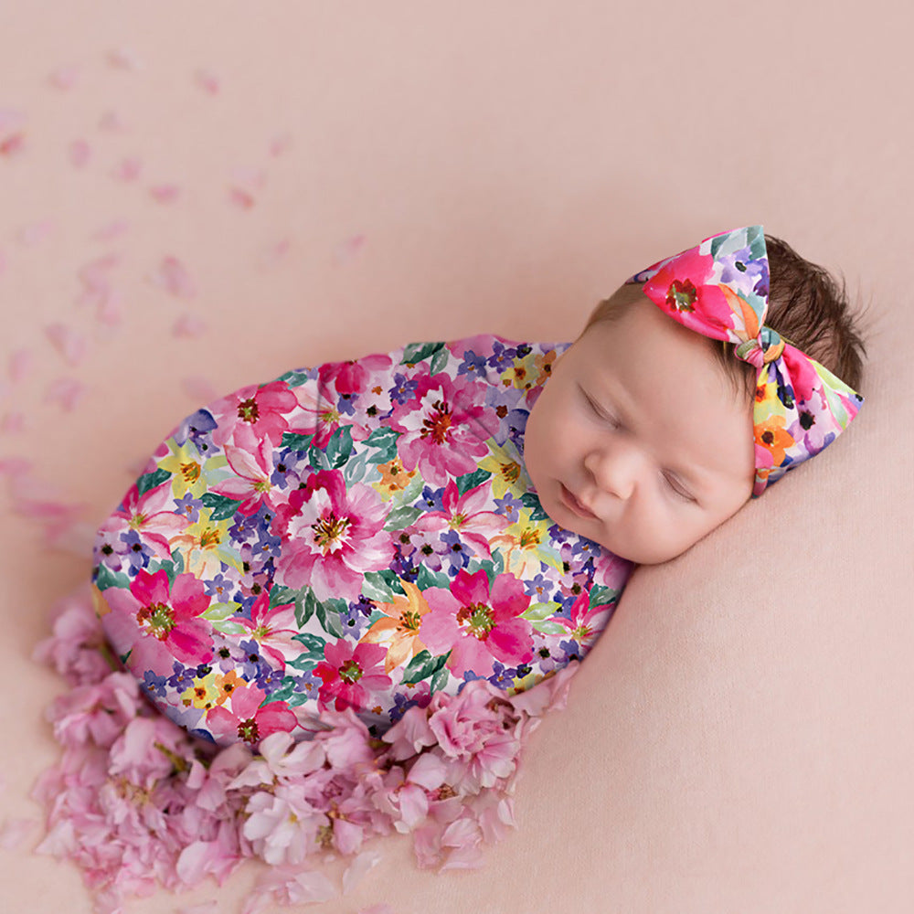 Newborn Photography Wrap Bow Hair Band Wrap Towel Set Baby Flower Blanket 2 Piece Set
