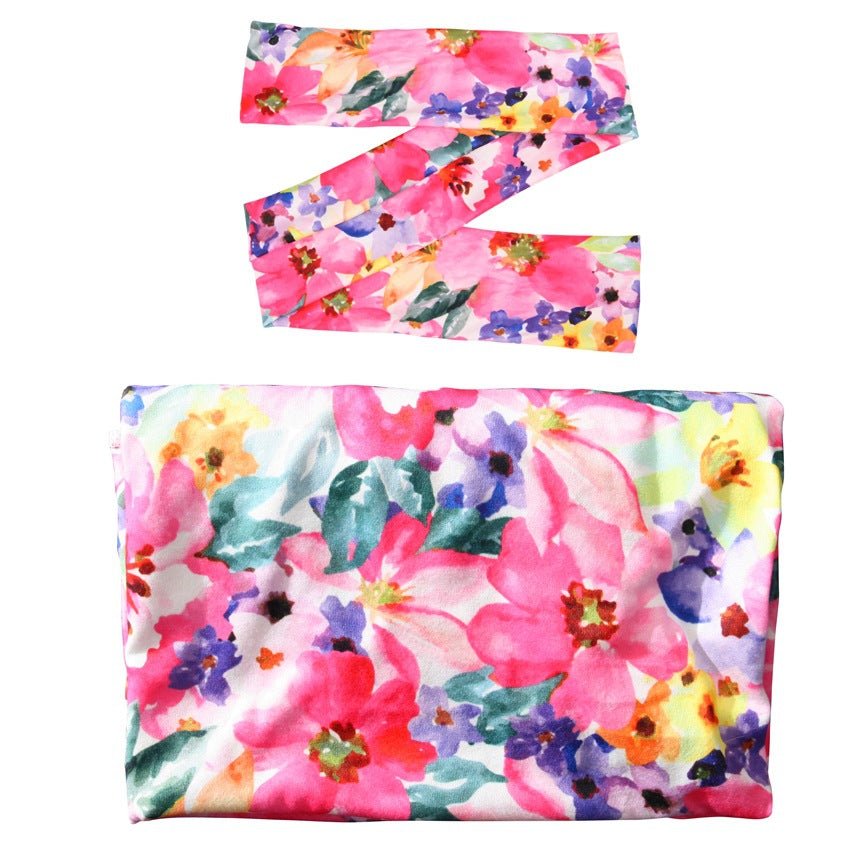 Newborn Photography Wrap Bow Hair Band Wrap Towel Set Baby Flower Blanket 2 Piece Set
