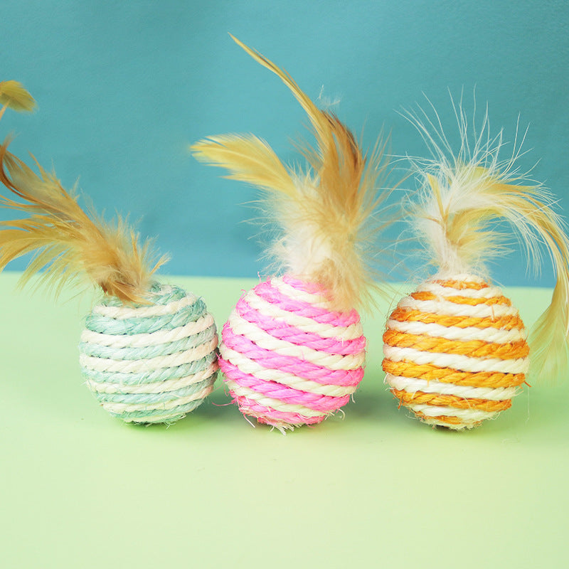 1PCS Feathered Sisal Ball Cat Toy for Self-Entertainment and Boredom Relief, Durable Cat Toy for Scratching and Biting