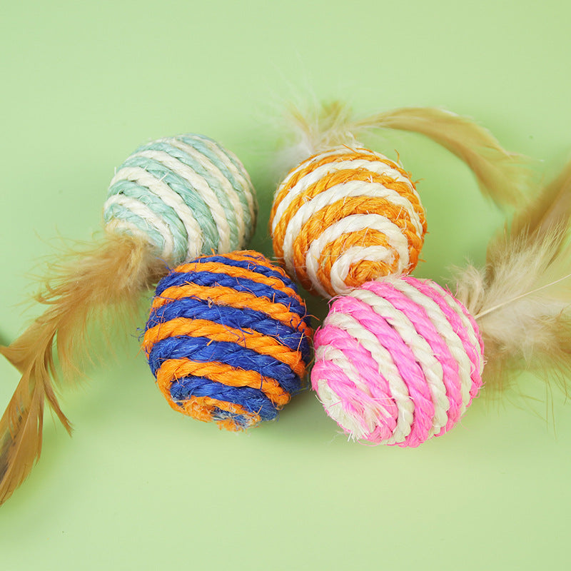 1PCS Feathered Sisal Ball Cat Toy for Self-Entertainment and Boredom Relief, Durable Cat Toy for Scratching and Biting