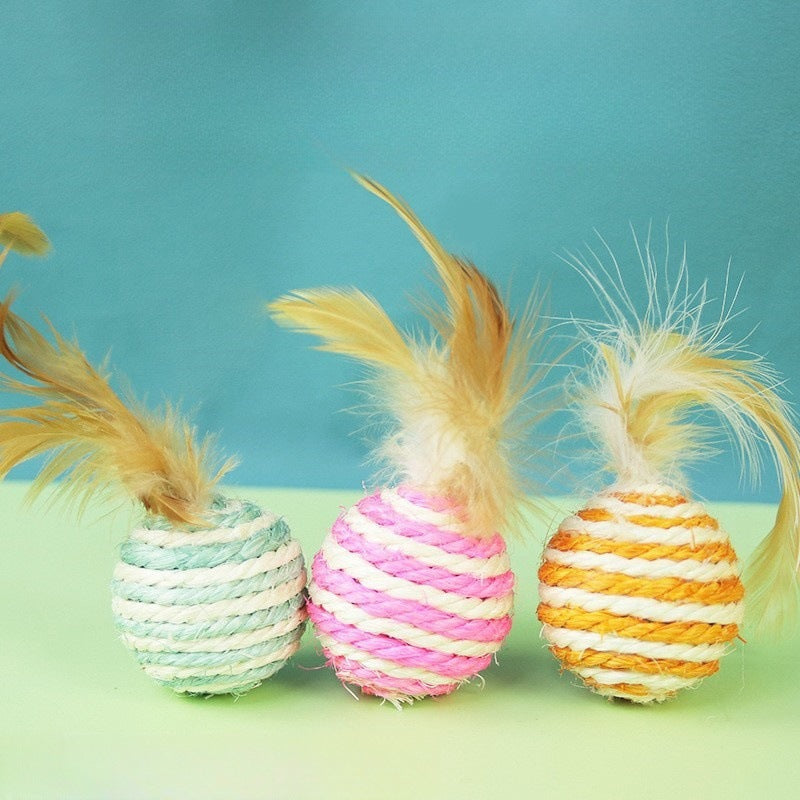 1PCS Feathered Sisal Ball Cat Toy for Self-Entertainment and Boredom Relief, Durable Cat Toy for Scratching and Biting